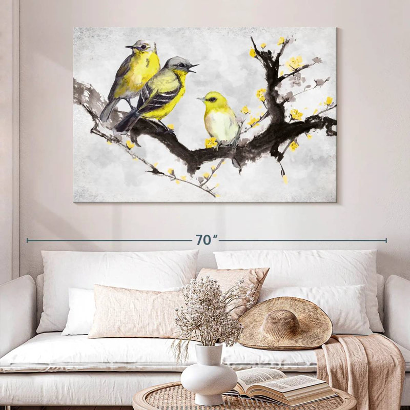 Canaris sur une branche sur toile, H 34 po x l 51 po x P 1,25 po
