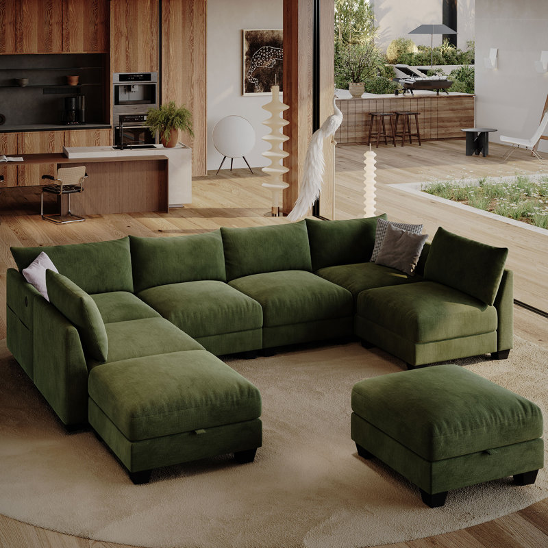 124 '' U-shaped Sectional Sofa, 8-Seater Modular Couch, Comfy Living Room Cushion Cloud Couch with Ottoman, Green Linen Blend