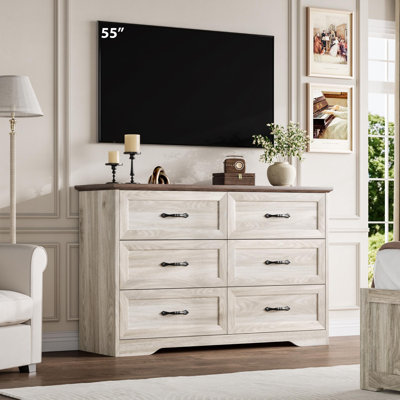 Commode 6 tiroirs pour chambre à coucher, commode avec poignée large en métal, commode moderne en bois de style campagnard