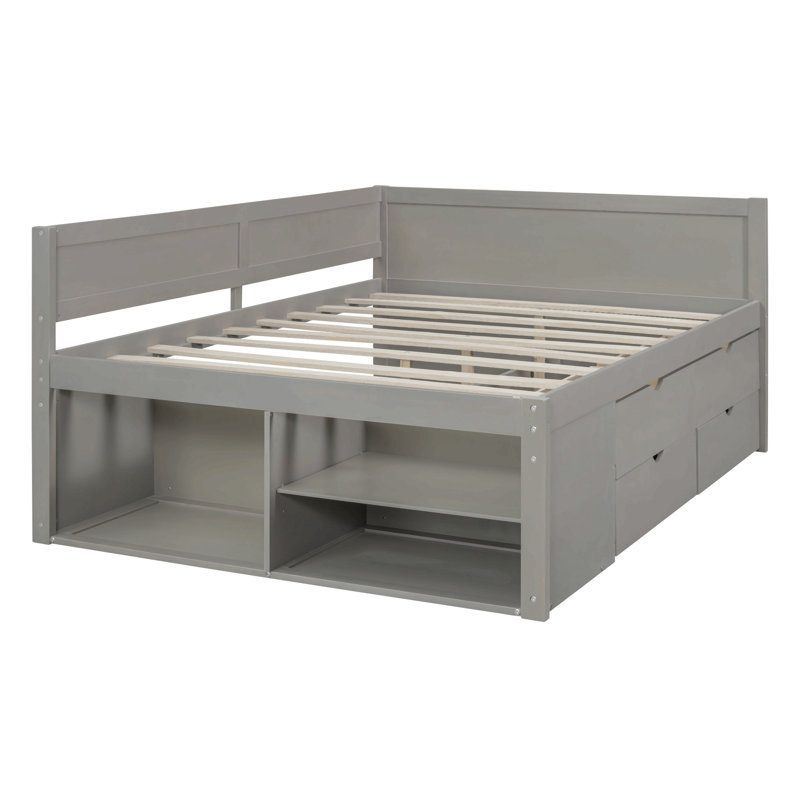 Lit de jour avec tiroirs et tablettes, Gris, Lit double