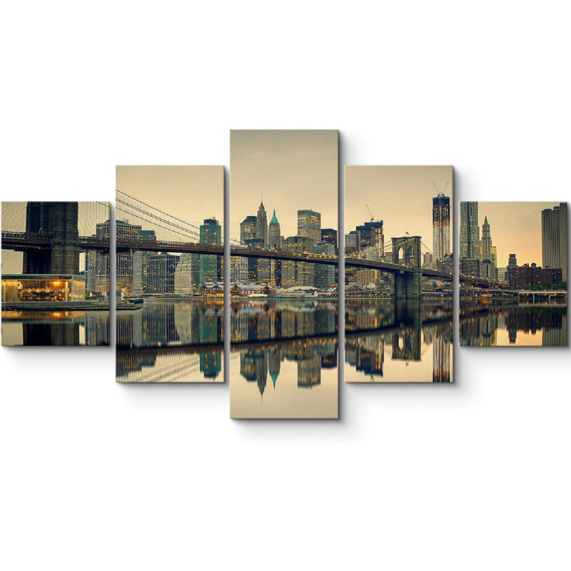 «Architecture Building Brooklyn Bridge And Manhattan At Dusk Modern Images», très grande impression sur toile, 5 pièces