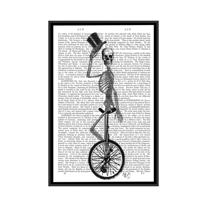 « squelette on unicycle », impression sur toile, H 26 po x l 18 po x P 1,5 po, Toile avec cadre noir, Pas de tapis