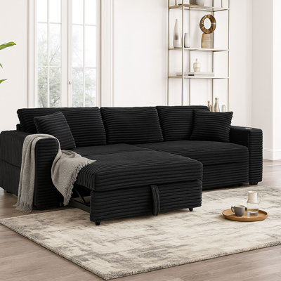 Modern Convertible Sleeper Sofa with Pull-Out seat, Cup Holders, Corduroy Upholstery for Living Room by Mercer41
