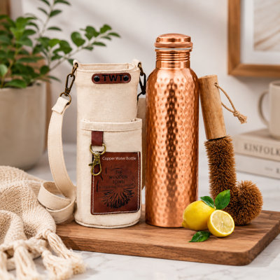 Pure Copper Water Bottle 32 Oz Hammered with Brush & Canvas Bag