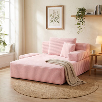 Plush Corduroy Chaise Lounge with 3 Pillows, Convertible Sofa Bed with Storage Pocket, Compression Foam Sleeper Sofa for Living Room, Apartment
