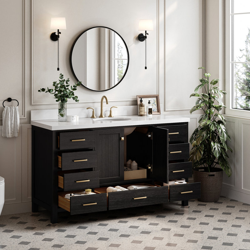 Amariani 61 in. W X 22 in. D X 35.25 in. H Vanity With Quartz Vanity Top With Basin, Black Oak