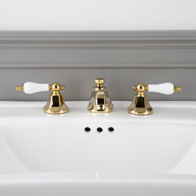 Deco Widespread Bathroom Sink Faucet - Metal Lever Handles - Polished Brass