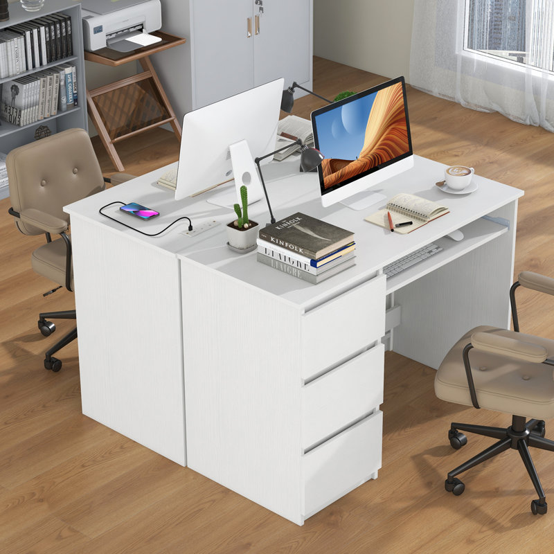 Computer Desk With Power Outlet Keyboard Tray & 3 Large Drawers Type-c & Usb Ports, White