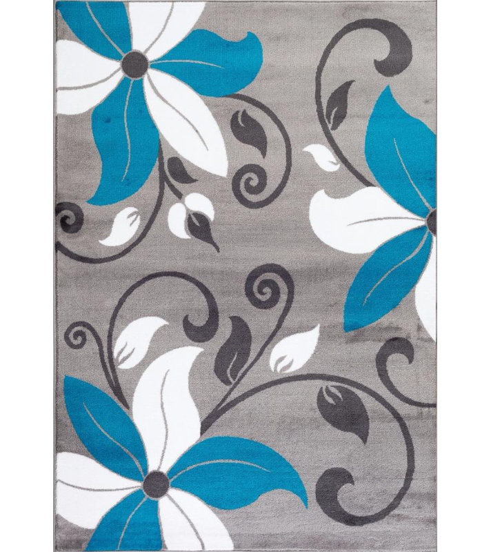 Fleurs turquoise/gris Tapis décoratif, Rectangle 7 pi 10 po x 10 pi 2 po