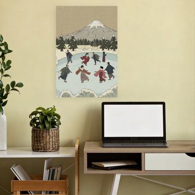 Skating Below Mount Fuji Traditional Abstract Landscape Mountain Wall Art Print by Nicholas - Wrapped Canvas Print