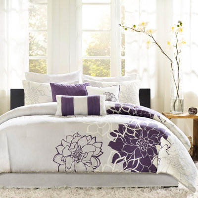 Gorgeous Taupe Grey/Purple Cotton Comforter For King Bed, Includes Bed Skirt And 3 Ornamental Pillows Stylish Bedroom King, With Comforter, Skirt,
