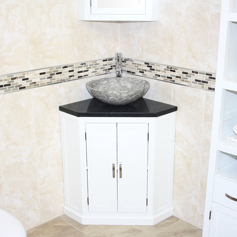 Andrin 550mm Single Bathroom Vanity with Vessel Stone Basin, Black Quartz, White