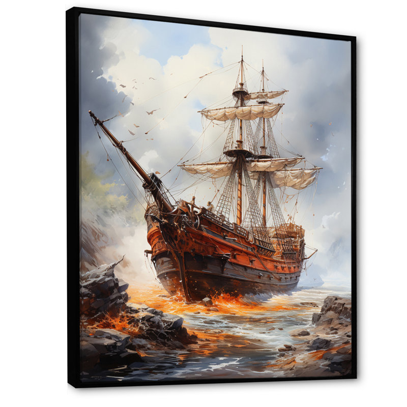«Pirate Boat Jolly Roger I», reproduction sur toile flottante, H 20 po x l 12 po x P 1 po, Cadre photo argenté