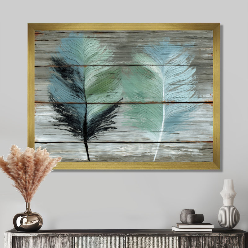 «Boho Wood Texture Feather», reproduction d'art sur toile encadrée, art mural Boho vert, H 34 po x l 44 po, Doré