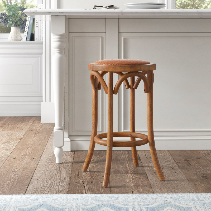 Walnut Brown Elm Wood & Rattan 24" Backless Counter Stool