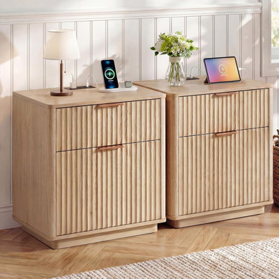 Mid Century Fluted Nightstand Set of 2 with Charging Station, 23" Modern End Table with 2 Drawers & Curved Profile, for Bedroom, Living Room, Oak