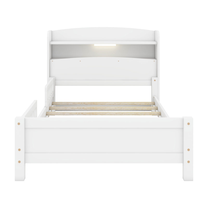 Lit en bois avec tête de lit bibliothèque, capteur de mouvement à DEL, garde-corps, Blanc