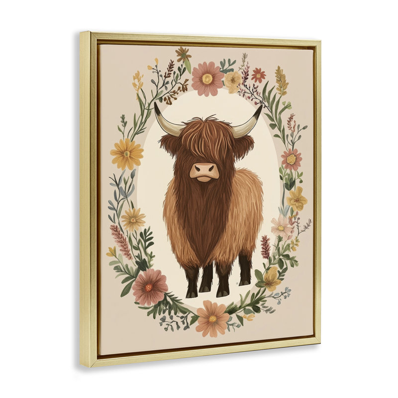 Cadre flottant Cutesy Floral Highland Cow, design par Petal Prints Design, H 21 po x l 17 po, Cadre flottant métallique doré