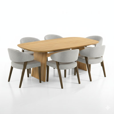 7-Piece Dining Table Set, Seats 6, 82.7" Superellipse Oak Table & 6 Open-Arc Back Grey Dining Chairs