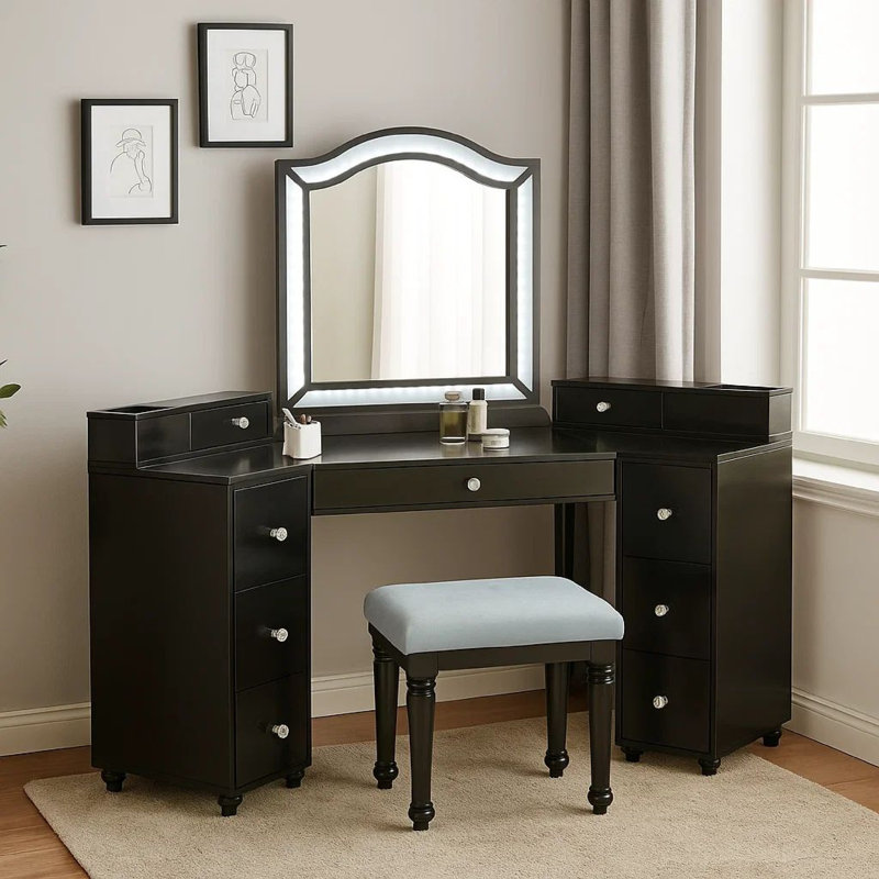Ensemble de meuble-lavabo 3 pièces avec tabouret Gena, plateau en verre, miroir DEL, gris obsidienne Gena