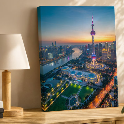 Canvas An Enchanting Aerial View Unveils A Vibrant Cityscape At Twilight Wall Art Dominated By A Sleek Futuristic Tower With A Radiant Canvas Wall Art