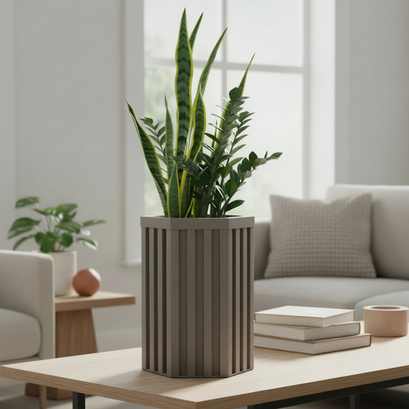 Hexagon Column Planter, Gray, 16.25" H x 10.5" W x 9.13" D