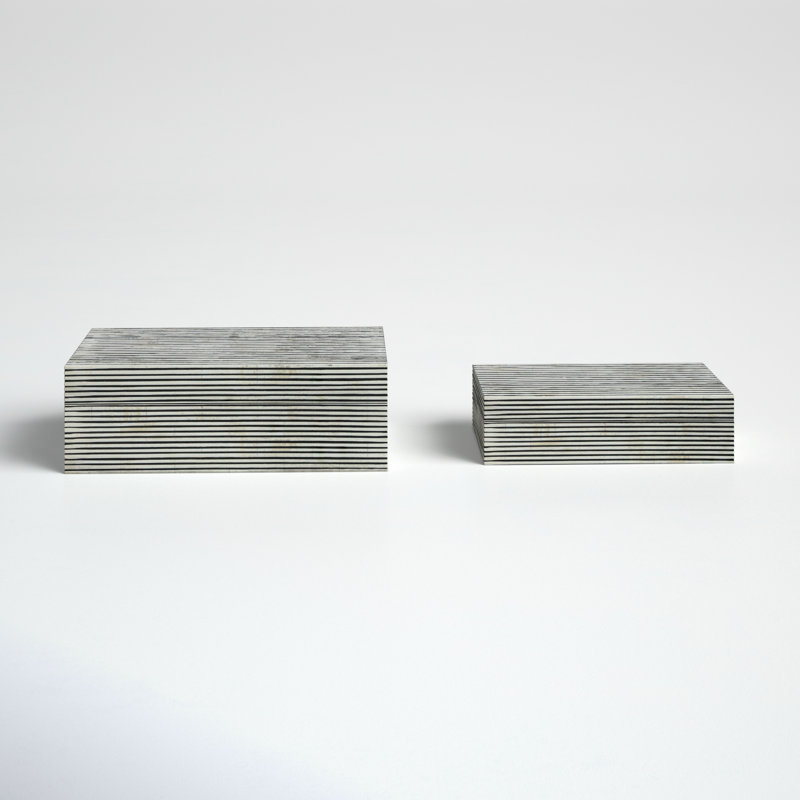 Set of 2 Pinstripe Storage Boxes 10" & 12", White and Gray Polyresin Decorative Keepsake Boxes