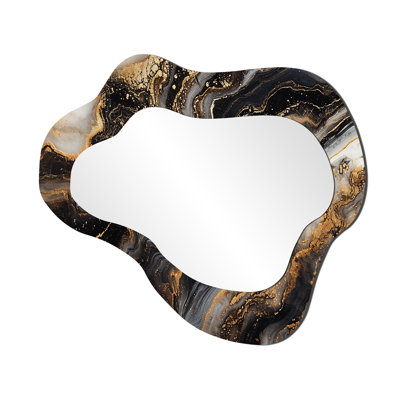 Glam Gold Flows Black Agate - Marble Asymmetrical Mirror, Black Cloud Decorative Wall Mirror, Printed Metal Art
