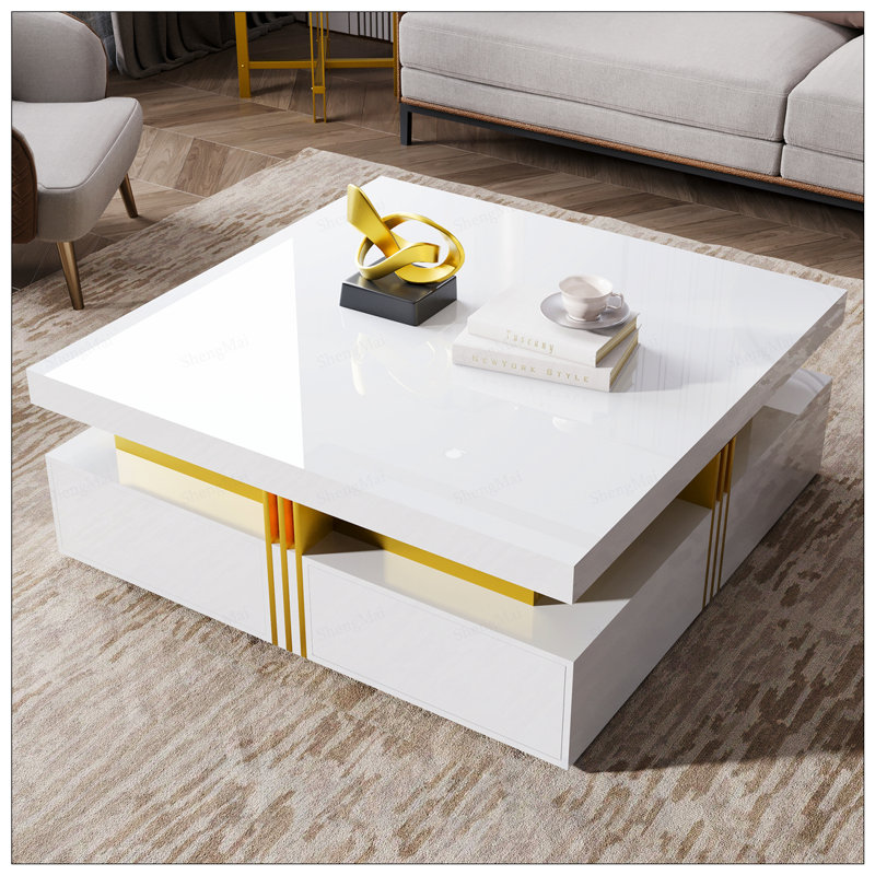 Table basse moderne carrée avec rangement à 4 tiroirs, parfaite pour organiser et rehausser votre salon, Blanc