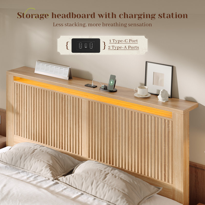 Fluted Panel Platform Bed with LED Headboard, Storage Drawers & USB Charging,No Box Spring Needed,Queen/Oak, Queen, Oak