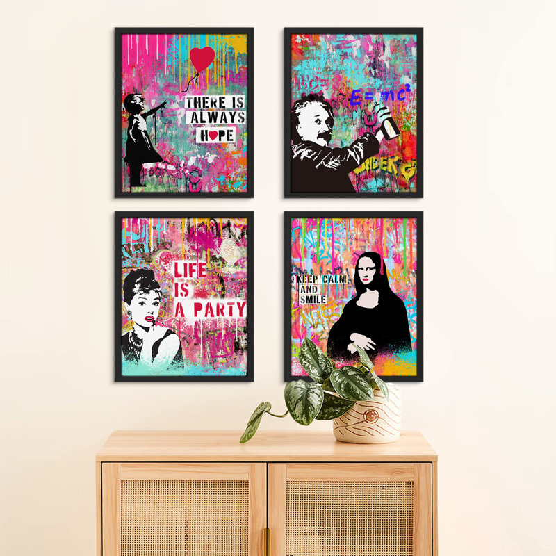 " Graffiti Street Art Banksy Style Mona Lisa Abstract " 4 - Pieces, 16" H x 12" W, Black