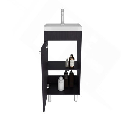 Meuble-lavabo autoportant avec une porte, deux tablettes, un meuble-lavabo en résine, noir