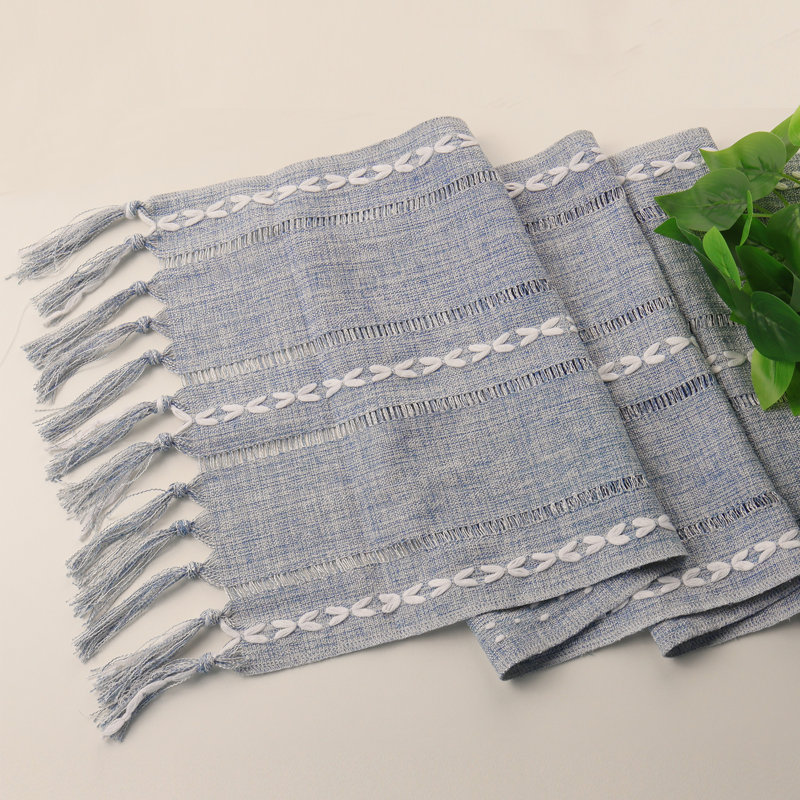 Chemin de table rayé en coton mélangé avec broderies ajourées, Rectangle 94 po, Bleu