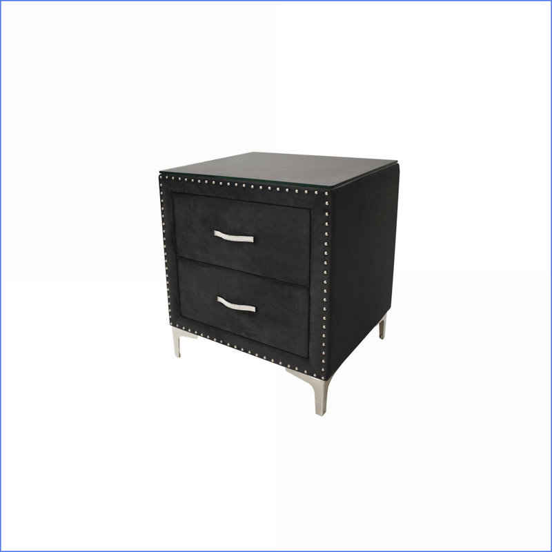 Table de chevet rembourrée à deux tiroirs avec plateau en verre trempé Glam