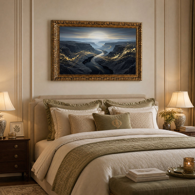 Tableau sur toile représentant une rivière dans un canyon sombre avec des tourbillons de poussière d'or, 16"H x 24"W
