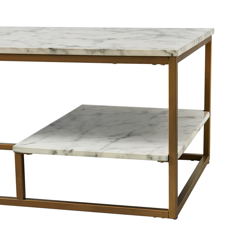 Carbone Modern Marble Effect Coffee Table with Lower Shelf Storage and Brass-Finish Frame