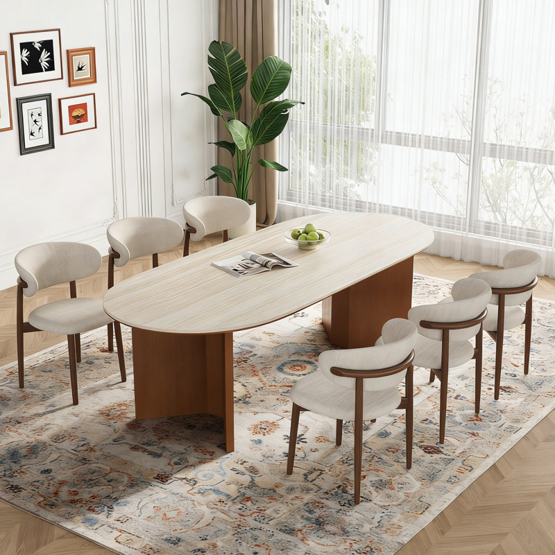 71" Oval Dining Table Set With 6 Linen Dining Chairs,Upholstered Side Chairs With High Back For Kitchen/Living Room