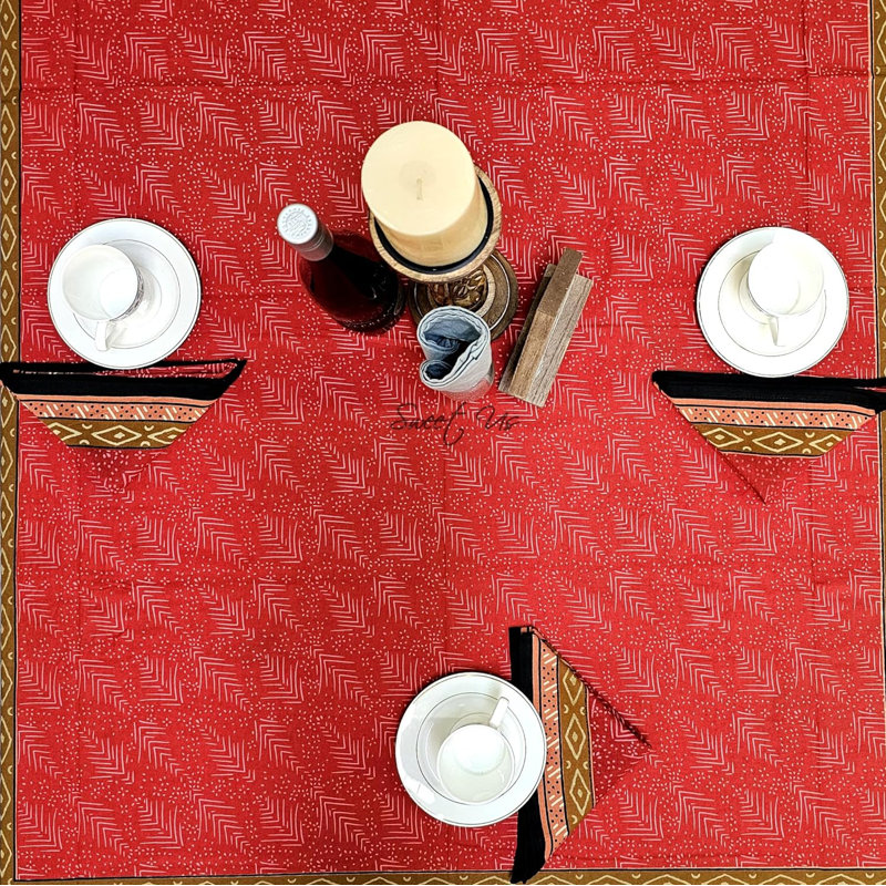 Cotton Geometric Print Hand Block Printed Tablecloth Collection, 60" Square
