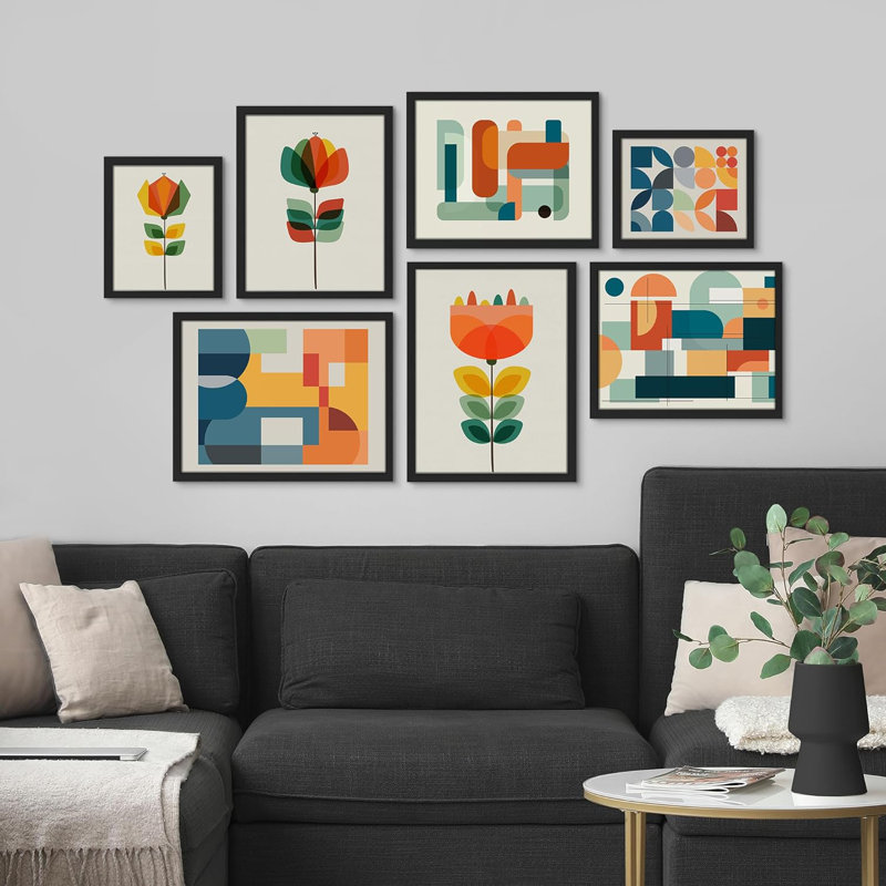 Mid-Century Modern Abstract Geometric Framed Canvas Art Set