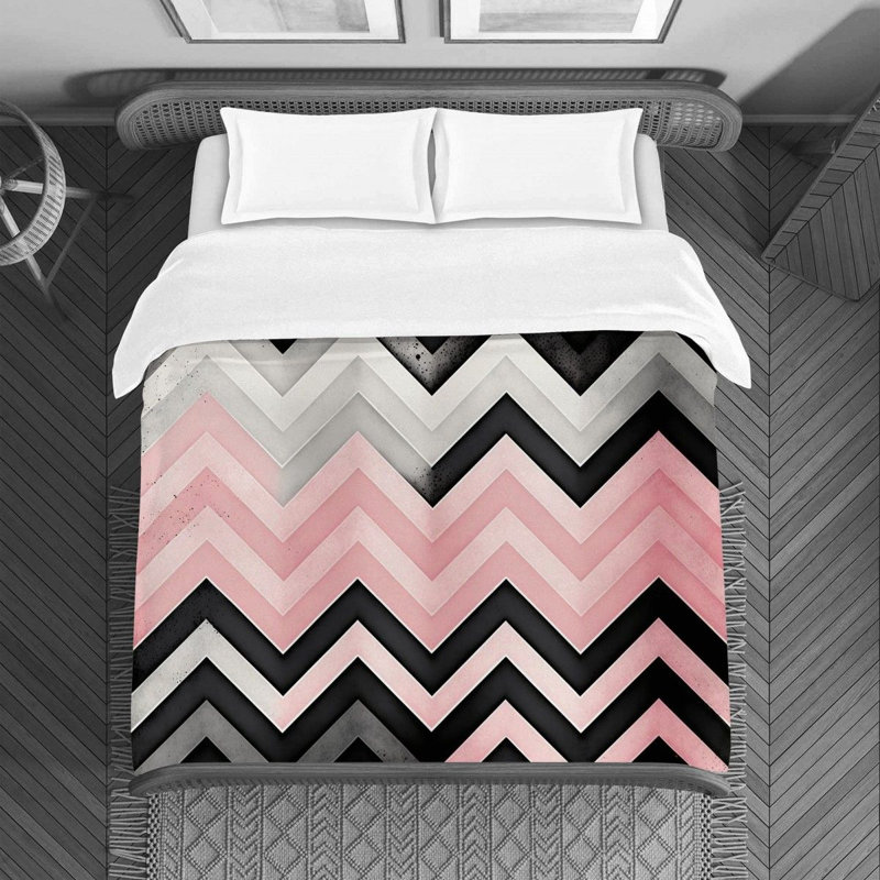 Housse de couette à motif de chevrons et rayures noires / roses, Housse de couette très grand