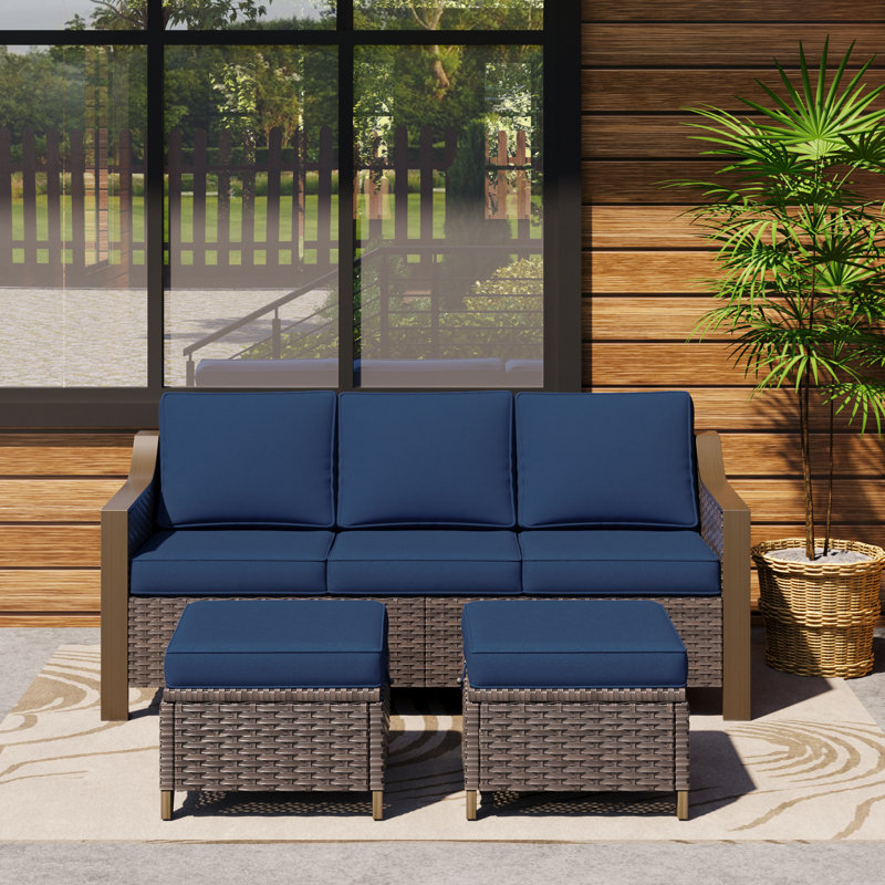 Three-seater Patio Wicker Sofa With Ottomans, Blue