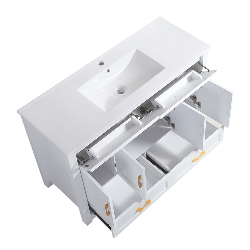 Meuble-lavabo de salle de bain avec lavabo en résine intégré et grand espace de rangement