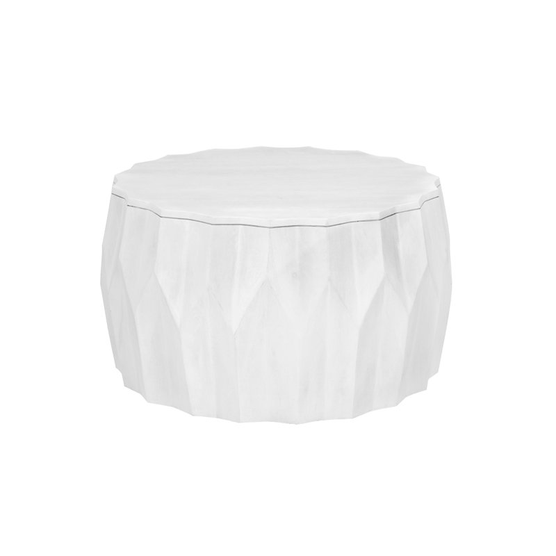 Elegant White 30" Round Coffee Table with Diamond-Carved Mango Wood Base, White