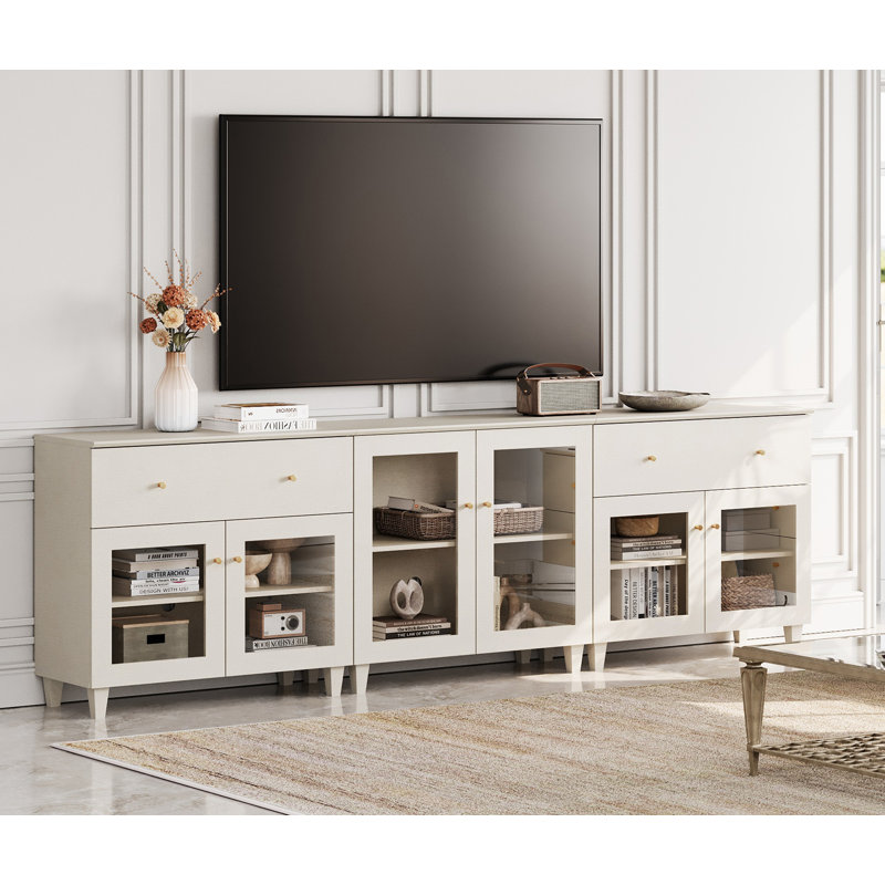 Meuble télé Lysiane avec tiroir et vitrine pour téléviseurs jusqu'à 120 pouces, beige, Imprimé lin beige