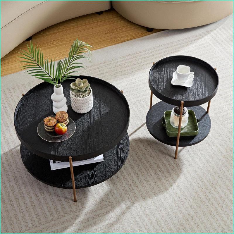 Ensemble de tables basses rondes en bois aggloméré noir à 2 niveaux, peu encombrant pour le salon, facile à assembler