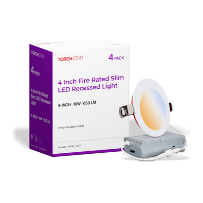 FireGuard 4" 10W 2-Hour Fire Rated Slim LED Recessed Light, UL263 IC Rated Canless, 5CCT 2700K-5000K Selectable, 650LM, CRI 90+, Dimmable, Wet Rated, ETL Listed