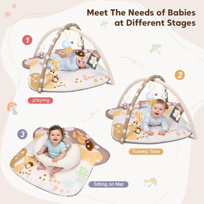 Baby Play Mats Tummy Time Mat for Infant Washable Padded Baby Activity Center with Detachable Toys Non-Slip Baby Gym Playmat,Beige