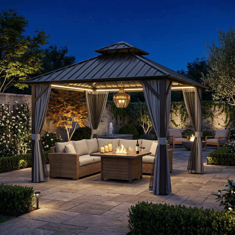 12 Ft. W x 12 Ft. D Outdoor Aluminum Hardtop Gazebo With Double Metal Roof And Curtains