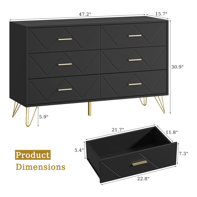 Commode 6 tiroirs moderne noire l 47 po avec dispositifs anti-basculement, Noir
