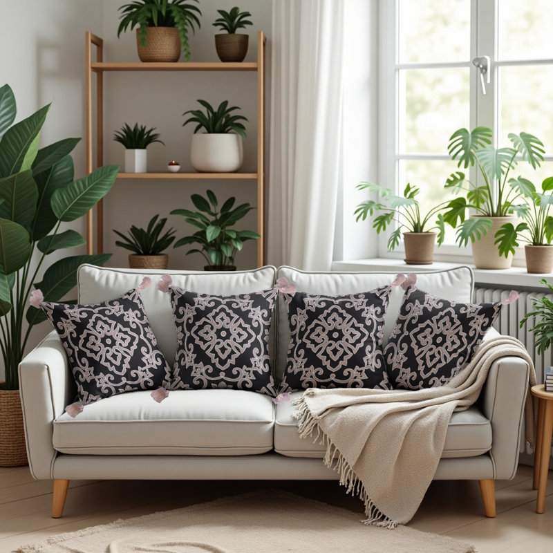 Black Linen Throw Pillow Covers Set with Beige Embroidery – Christmas Decor Accent 18x18 for Sofa